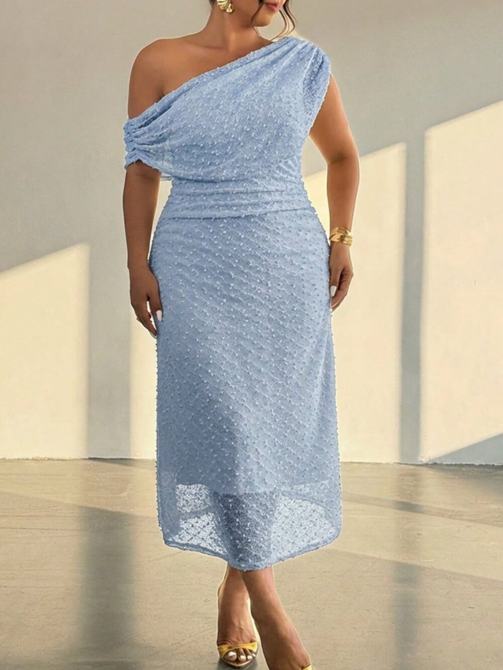 Baby Blue Elegant Women's Asymmetric Short Sleeve Pleated Waist Knit Dress - Picture 3 of 8